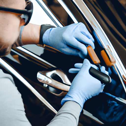 צילום של מנעולן רכב מקצועי בעבודה, עם כפפות מגן ומשקפי בטיחות.