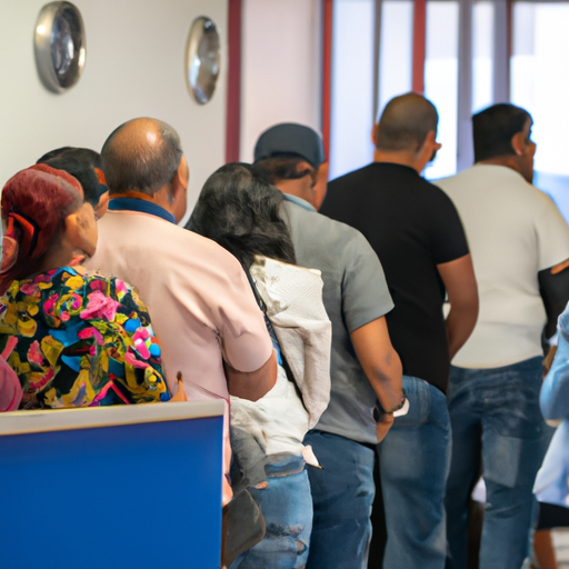A diverse group of people waiting in line at a bilingual notary office