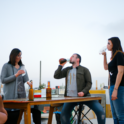 קבוצת חברים נהנית ממשקאות בבר פופולרי על הגג בתל אביב