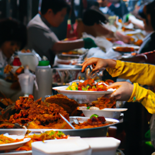 סצנת אוכל רחוב תוססת ושוקקת בבנגקוק, המציגה את התרבות הקולינרית העשירה של העיר.