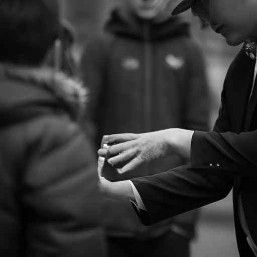 1. תמונה בשחור לבן המציגה קוסם מבצע טריק קלפים לקהל רחוב