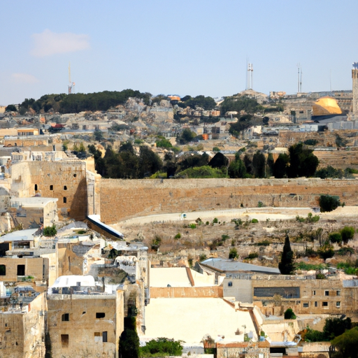 A panoramic view of the Old City of Jerusalem, showing the ancient stone walls and historical buildings.